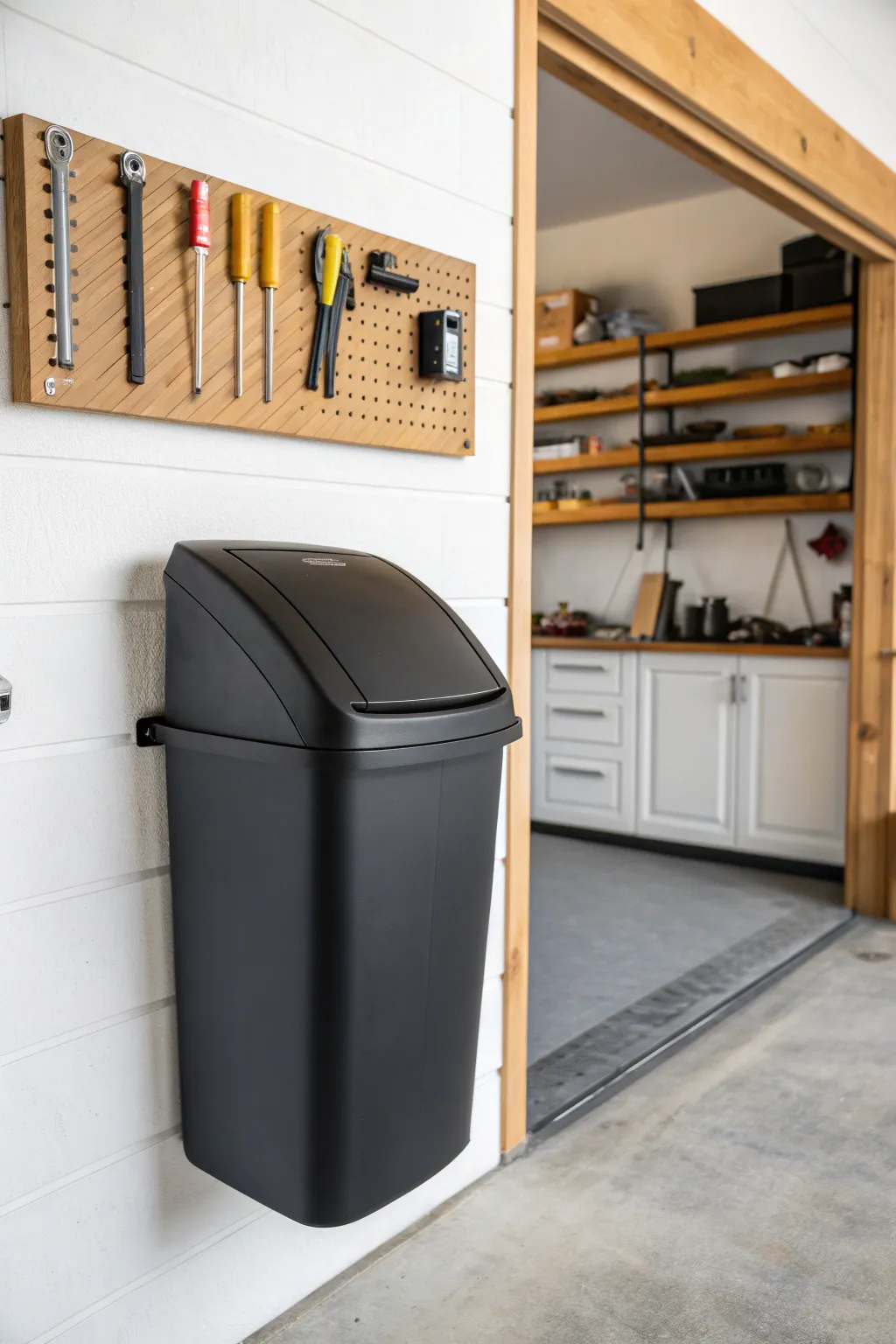 Elevate your garage space with a stylish wall-mounted trash bin—where functionality meets craftsmanship.
