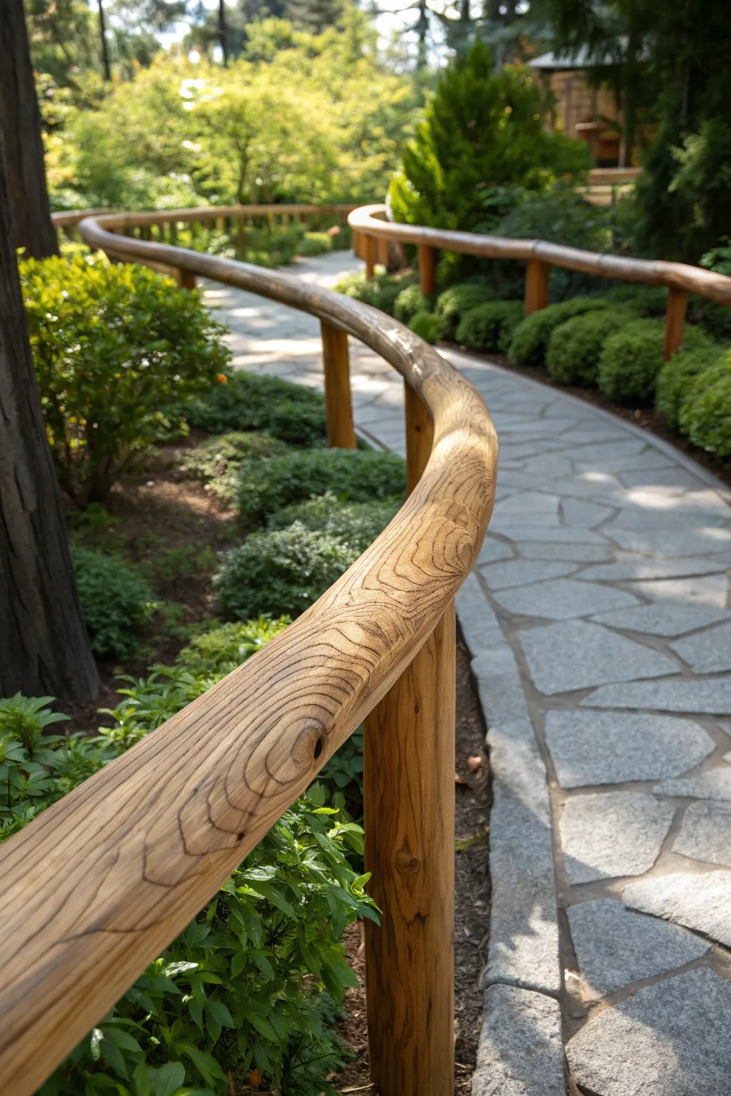 Seamlessly blend with nature using these stunning natural wooden handrails.