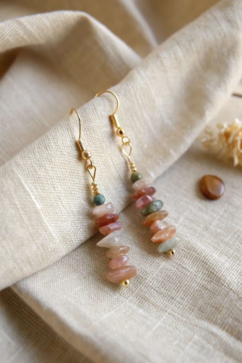Discover the elegance of simplicity with these stacked gemstone chip earrings – a perfect blend of Scandinavian minimalism and boho charm.