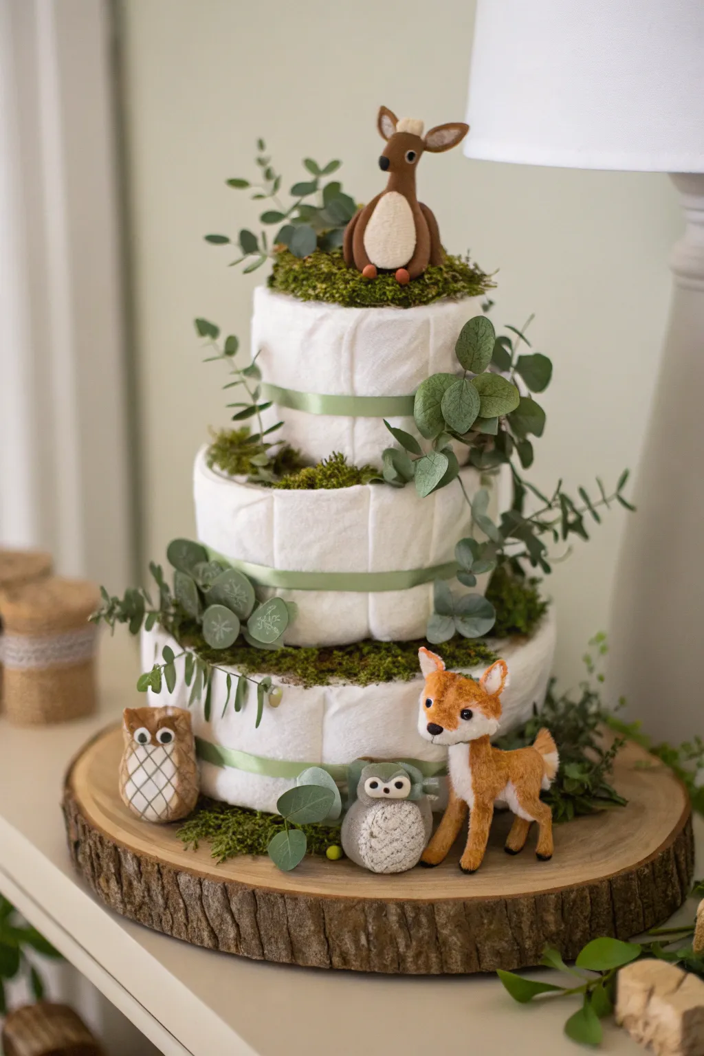 Embrace the beauty of nature with this enchanting diaper cake, perfect for a gender-neutral celebration.
