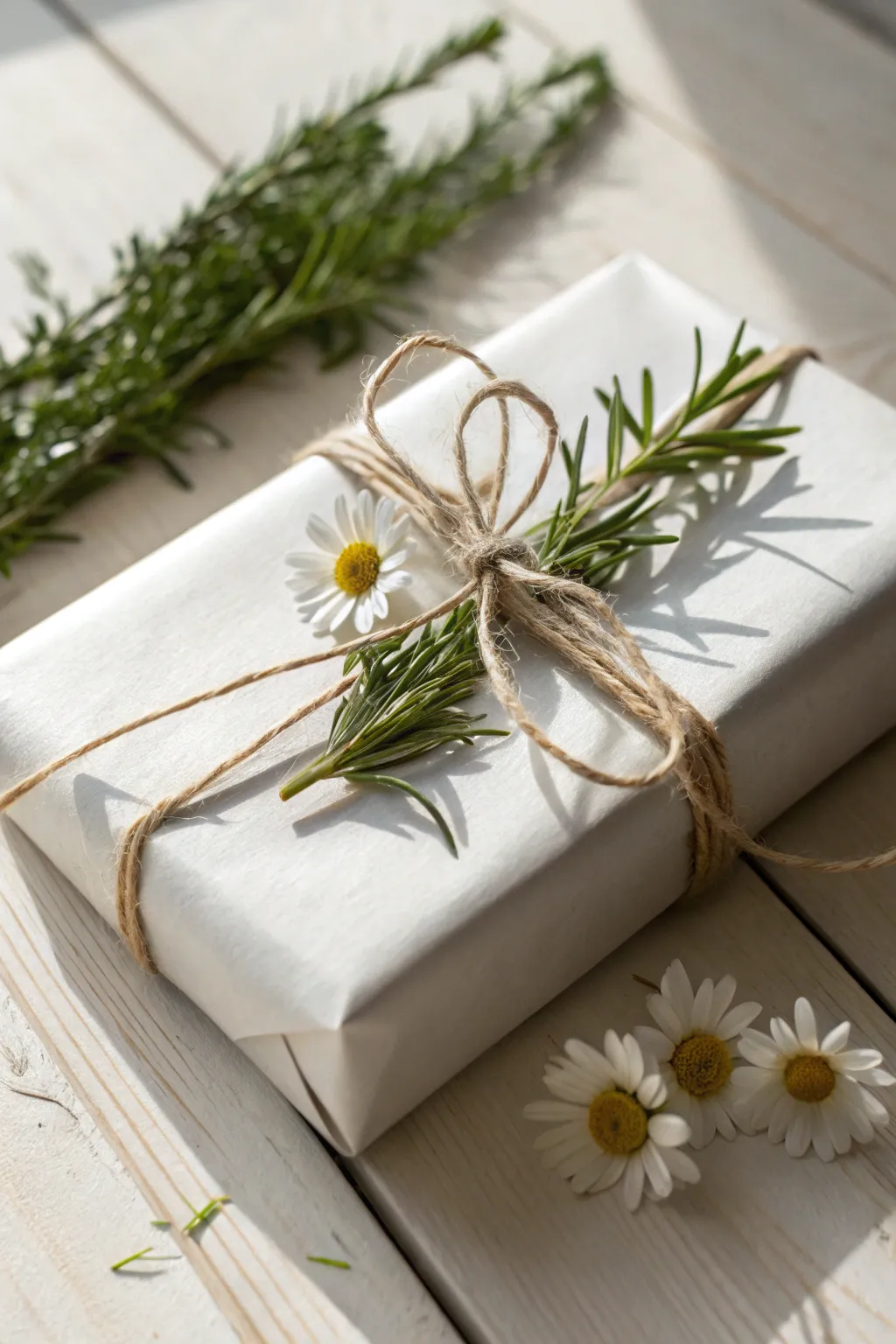 Elevate your gift-giving with nature's touch: a minimalist wrap adorned with rosemary and daisies.
