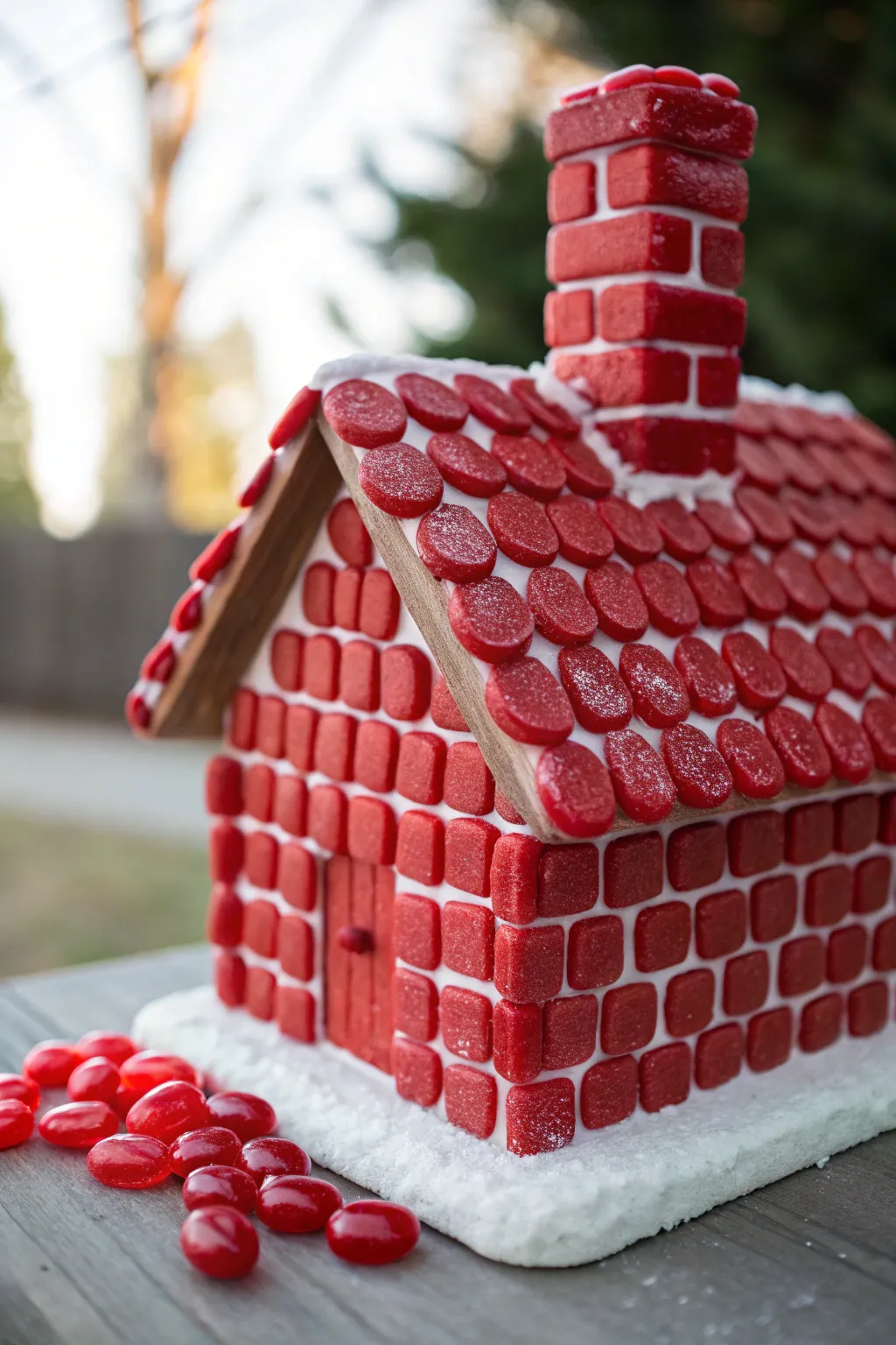 Elevate your gingerbread house with a charming red brick chimney crafted from chewy candies.
