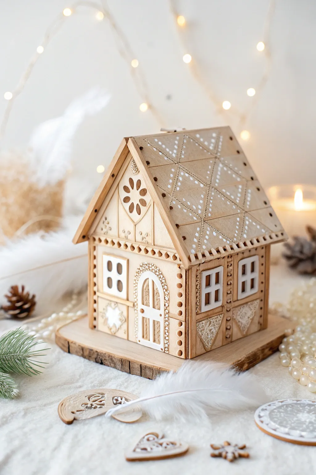 Crafted with care: A stunning Scandinavian-Boho popsicle stick gingerbread house for lasting charm.