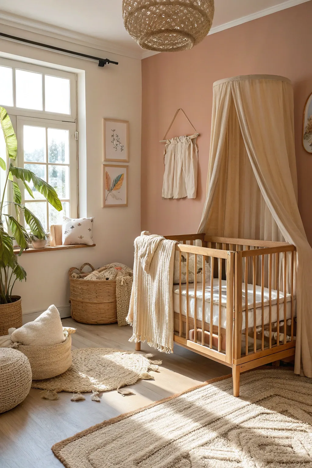 A neutral-toned nursery with wooden elements and cozy textiles.