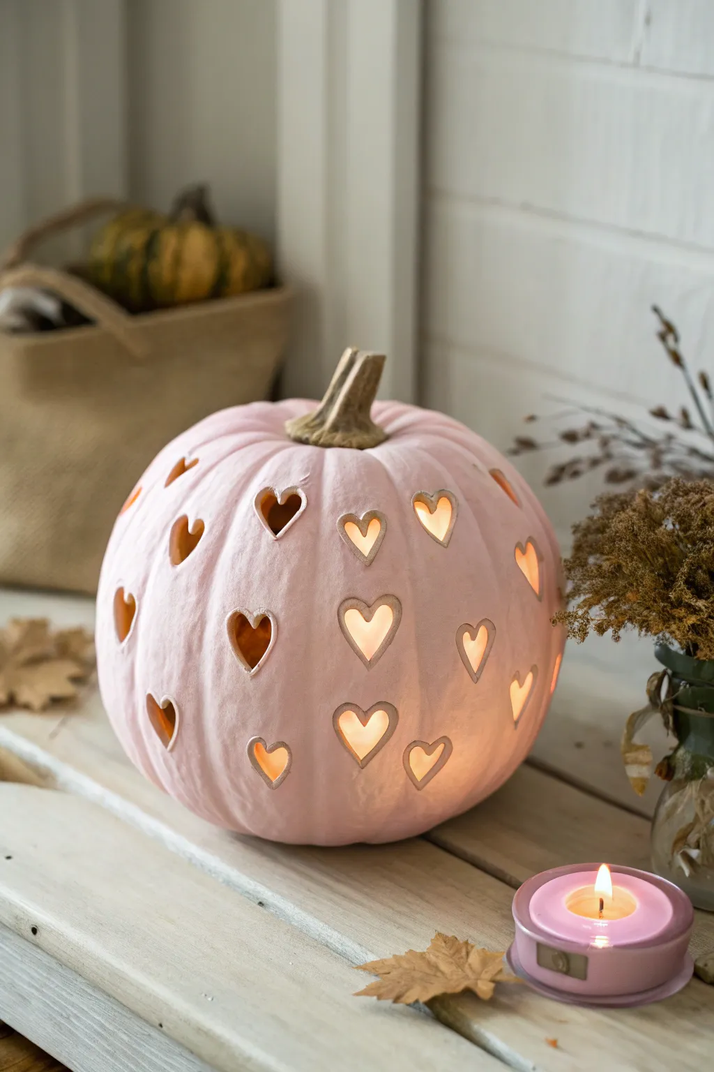 Embrace the warmth of heartfelt designs with this charming heart-carved pumpkin, perfect for a cozy and stylish autumn evening.