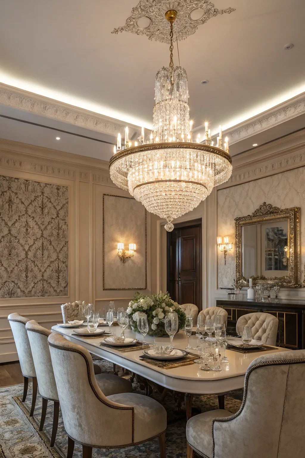 The dining room's centerpiece: a dazzling crystal chandelier.