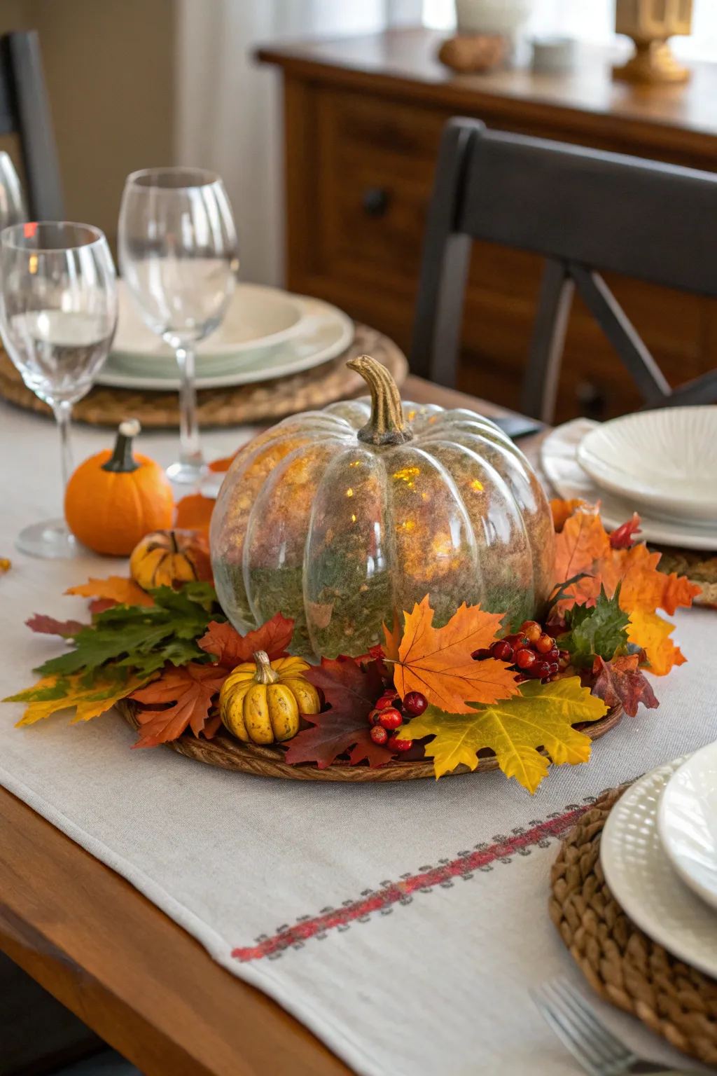A glass pumpkin centerpiece that captures the essence of autumn.