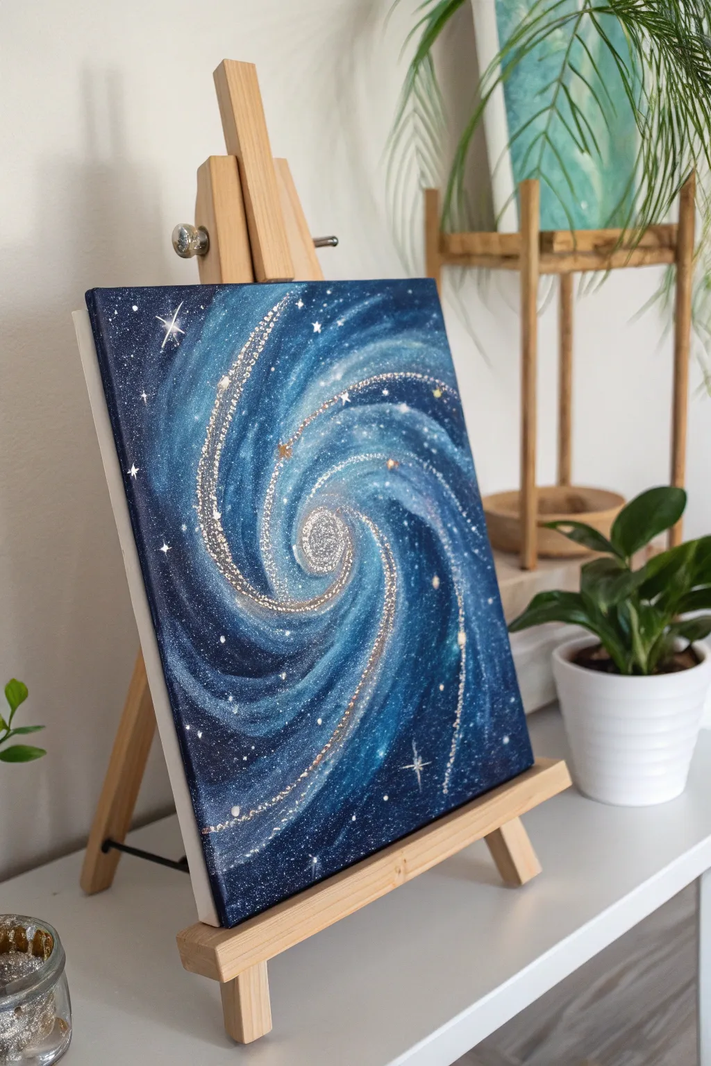 Travel through the cosmos from the comfort of your home with this Glitter Galaxy Canvas.