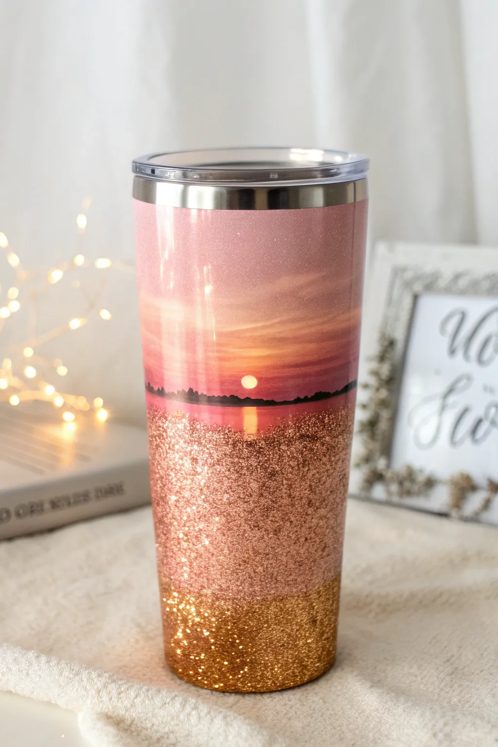 Sip your morning coffee in style with this enchanting pink-to-gold ombre tumbler, a perfect blend of elegance and craftsmanship.