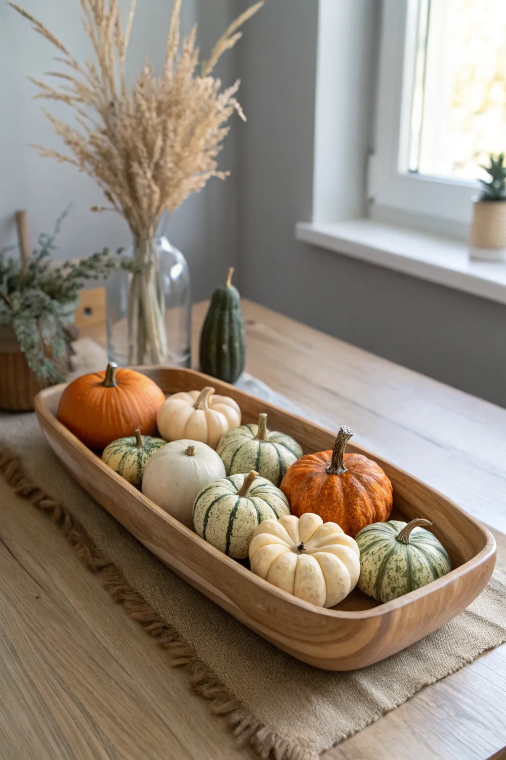Embrace the warmth of fall with this elegant gourd display, perfect for adding a touch of rustic charm to your home.
