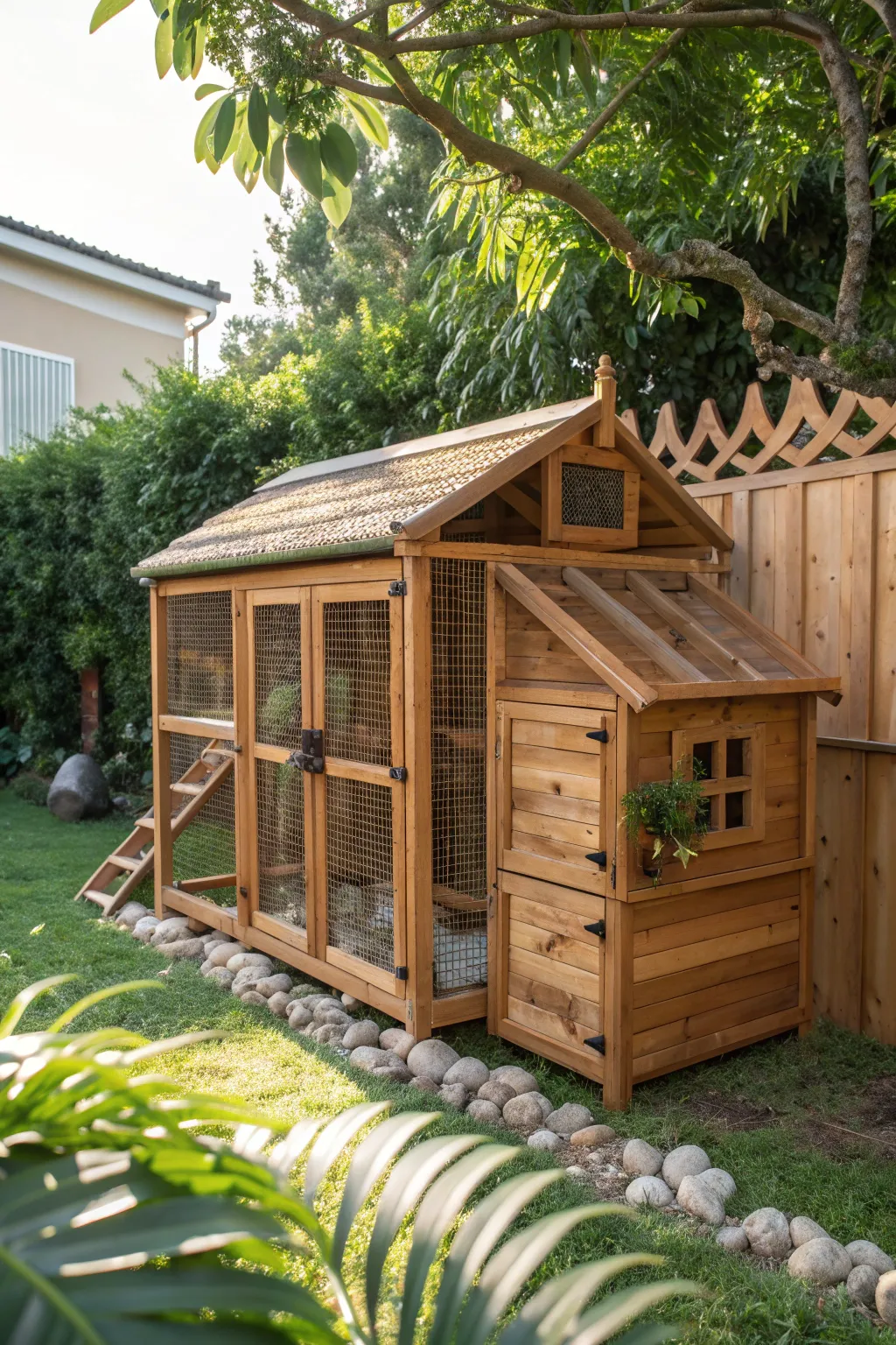 Experience the art of craftsmanship with this open-air guinea hen coop, where design meets function in a sunlit retreat.