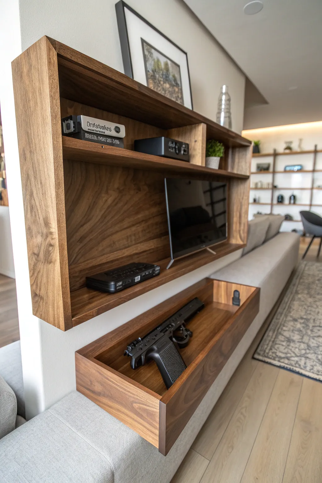 Discover the art of hidden design with this sophisticated floating shelf featuring a discreet compartment.