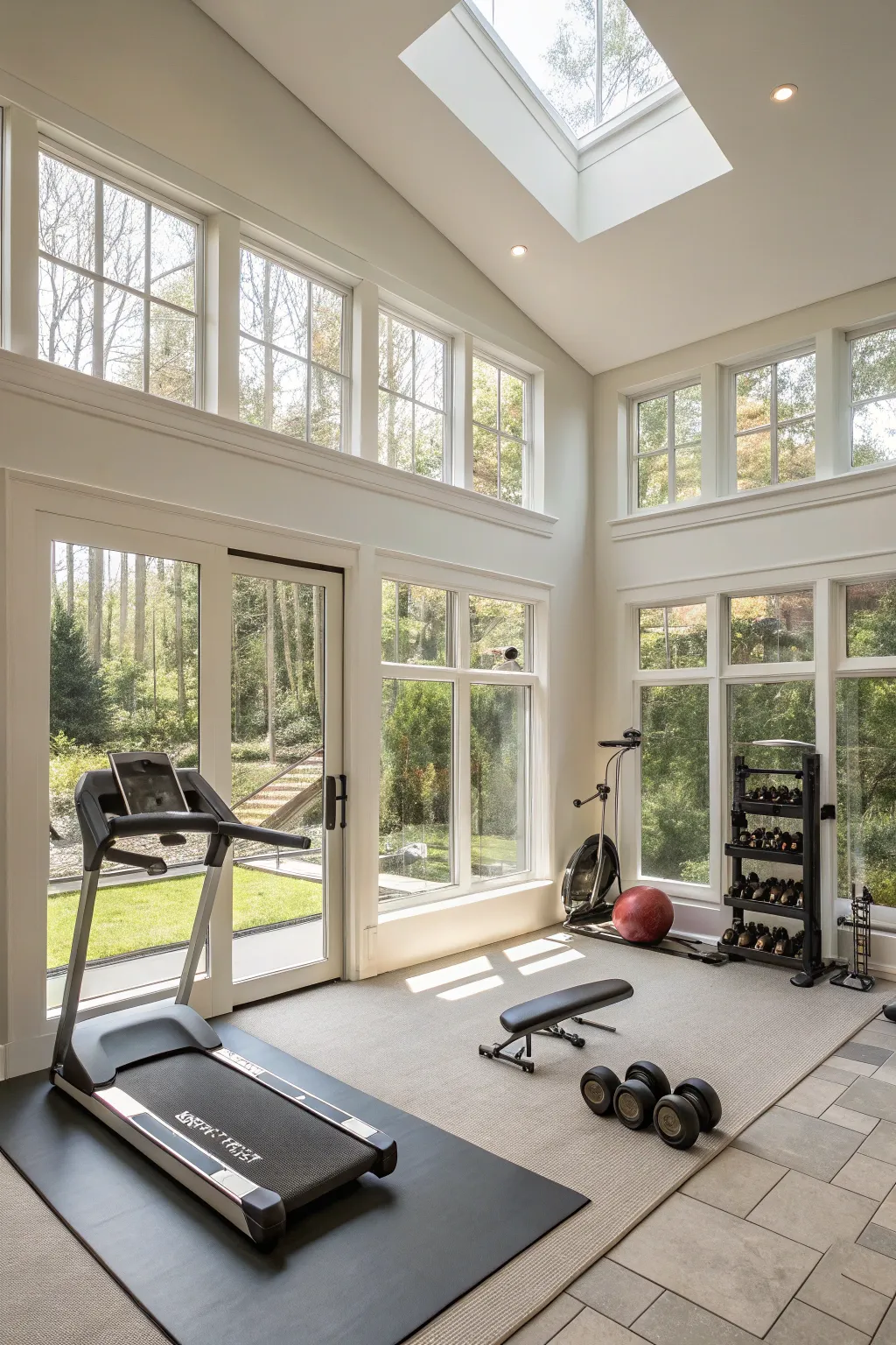 A home gym flooded with natural light, perfect for energizing workouts.