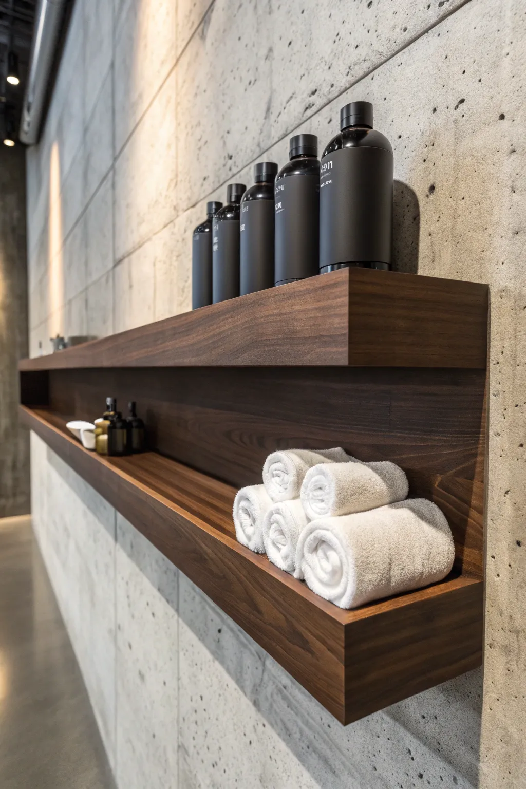Elevate your gym space with stylish floating shelves that blend form and function effortlessly.