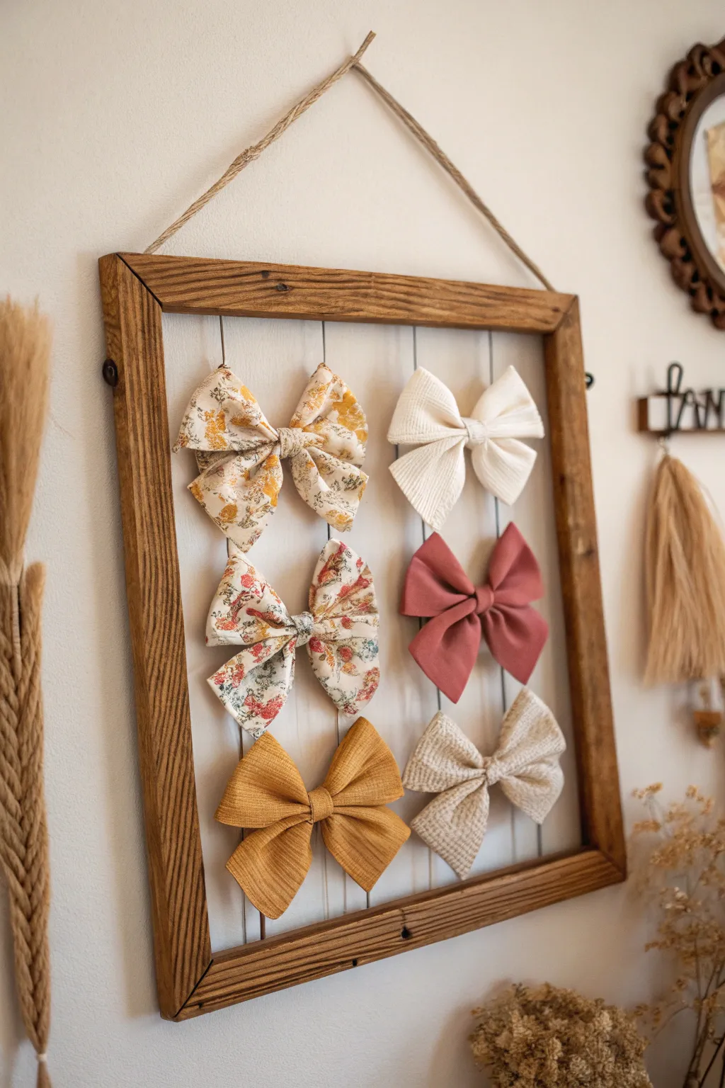 Transform your hair bows into a stunning wall display, blending minimalist charm with boho elegance.