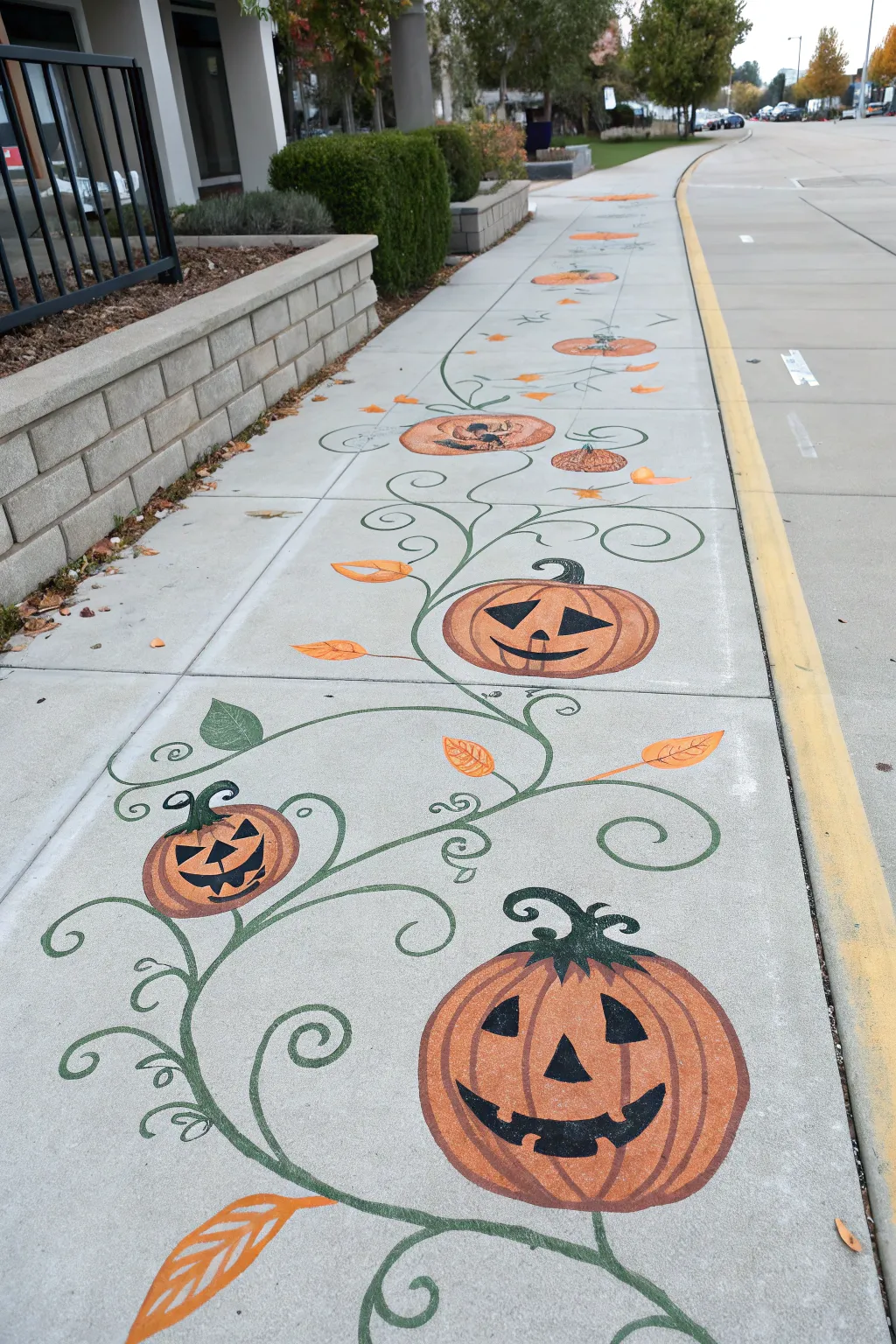 Embrace the whimsical charm of a pumpkin parade with this delightful chalk art creation.