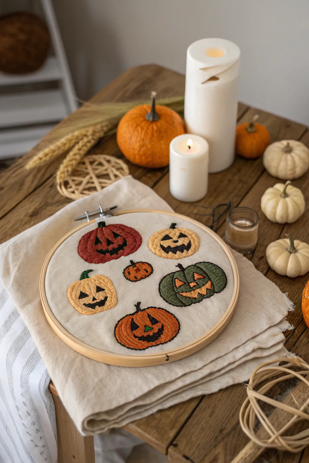 Add a touch of handcrafted charm to your Halloween decor with these whimsical pumpkin face embroideries, perfect for bringing personality and warmth into your home!