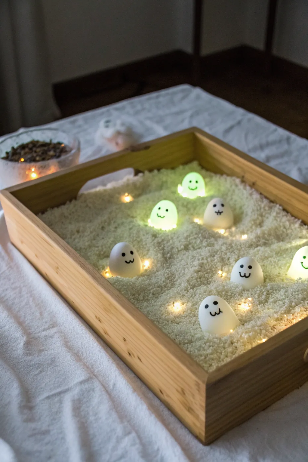 Illuminate your Halloween with a glowing ghostly rice bin, where simplicity meets magic.