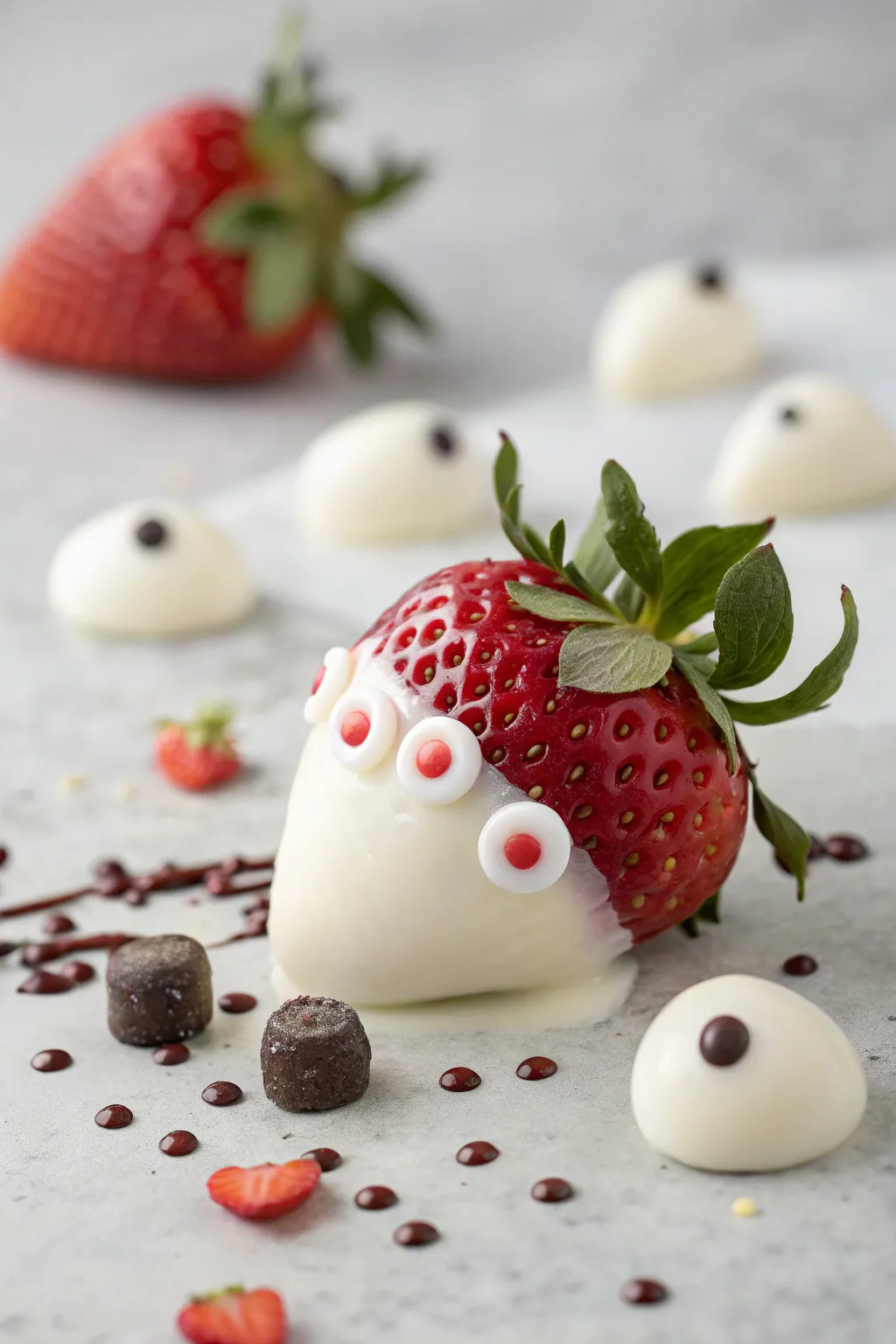 Hauntingly sweet: a minimalist ghostly strawberry treat that blends whimsy with elegance.