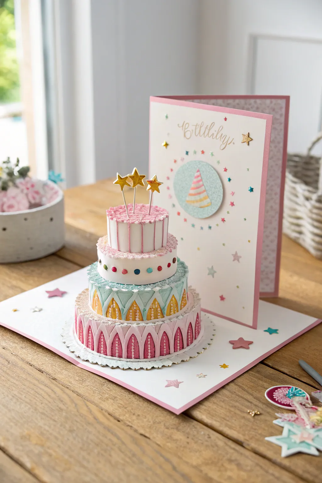 Delight in the charm of a handmade pop-up cake card—where simplicity meets surprise!