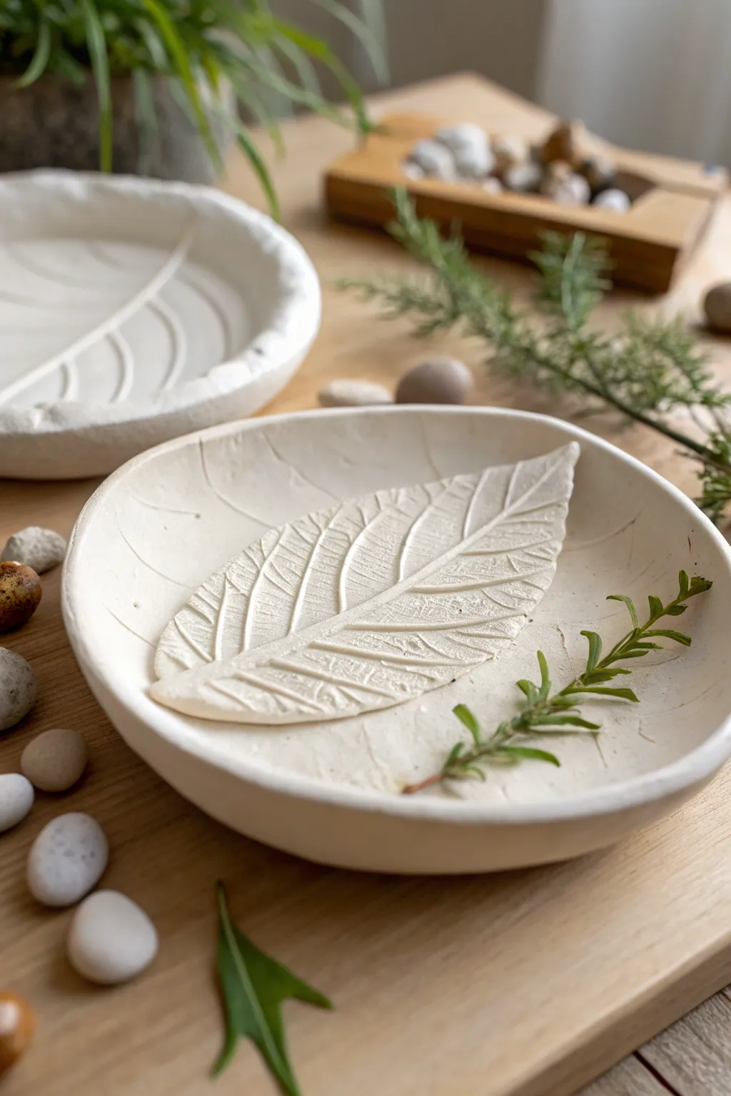 Nature's Impression: Elevate your space with handmade leaf-printed clay dishes.