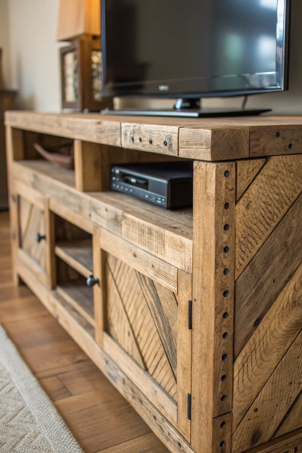 Embrace the charm of rustic craftsmanship with this handmade pallet TV stand, where sustainability meets style.
