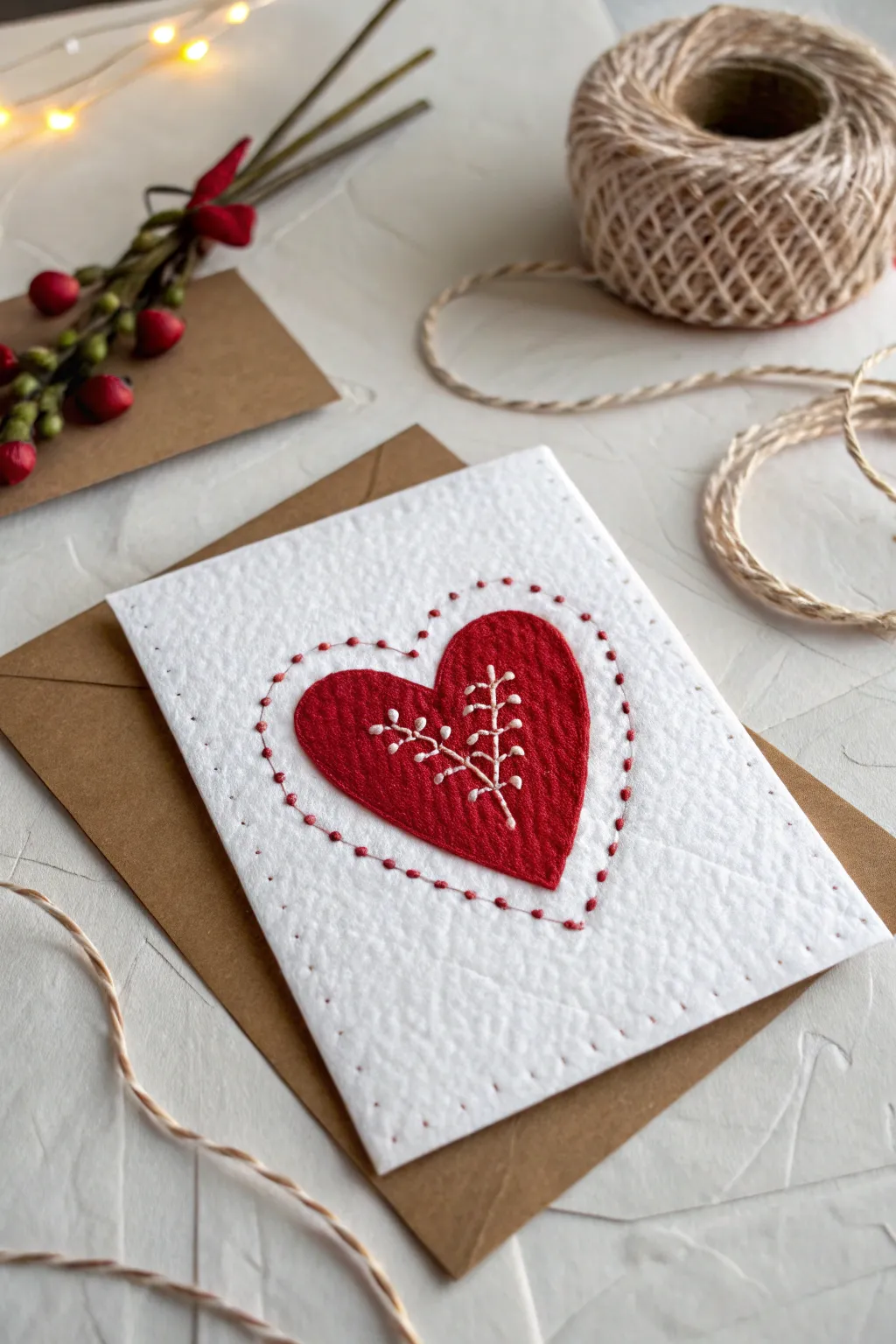 Crafted with love: A minimalist Valentine card with a stitched heart for a personal touch.