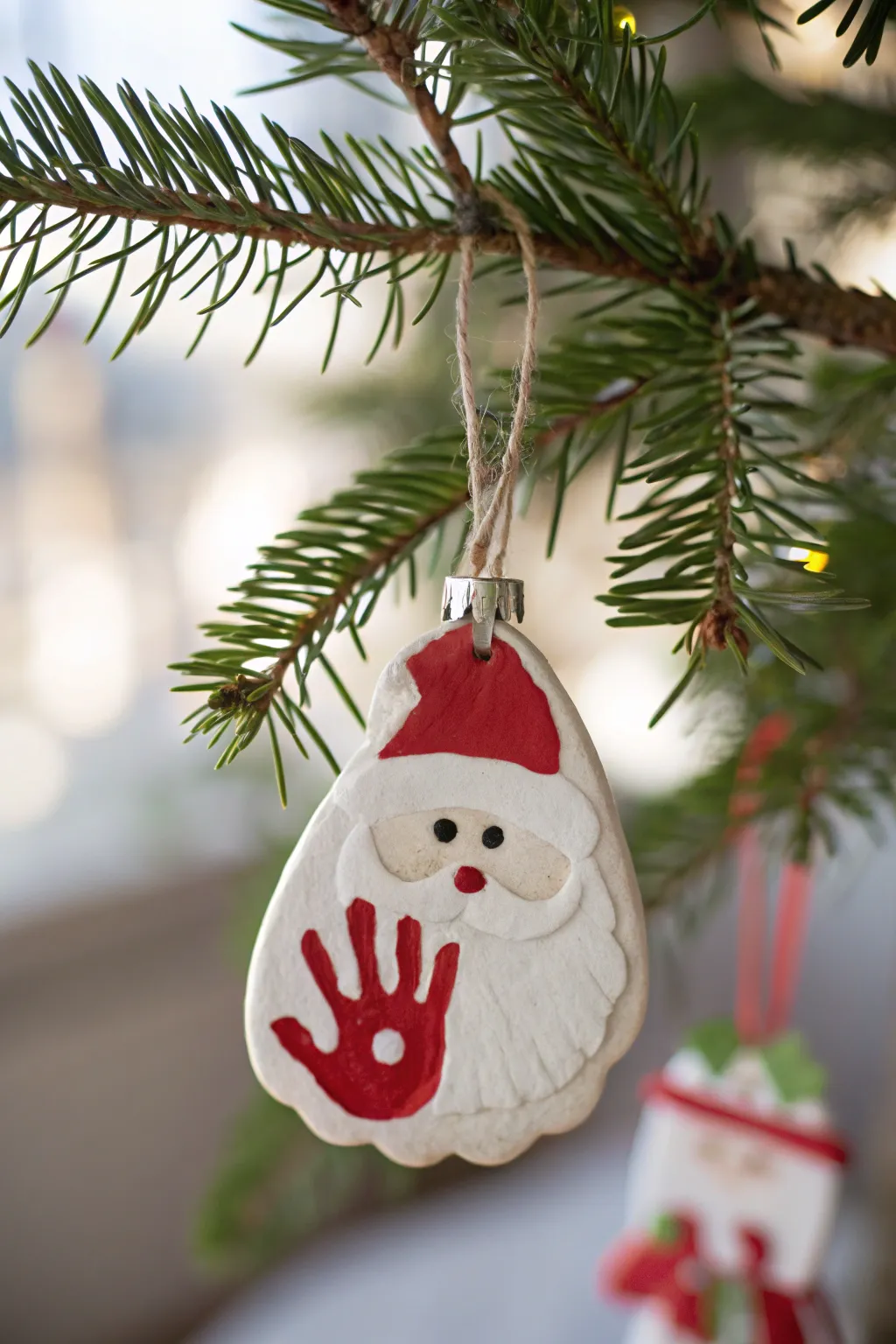Capture the joy of the season with a handcrafted Santa handprint ornament, a cherished memory hanging beautifully on your tree.