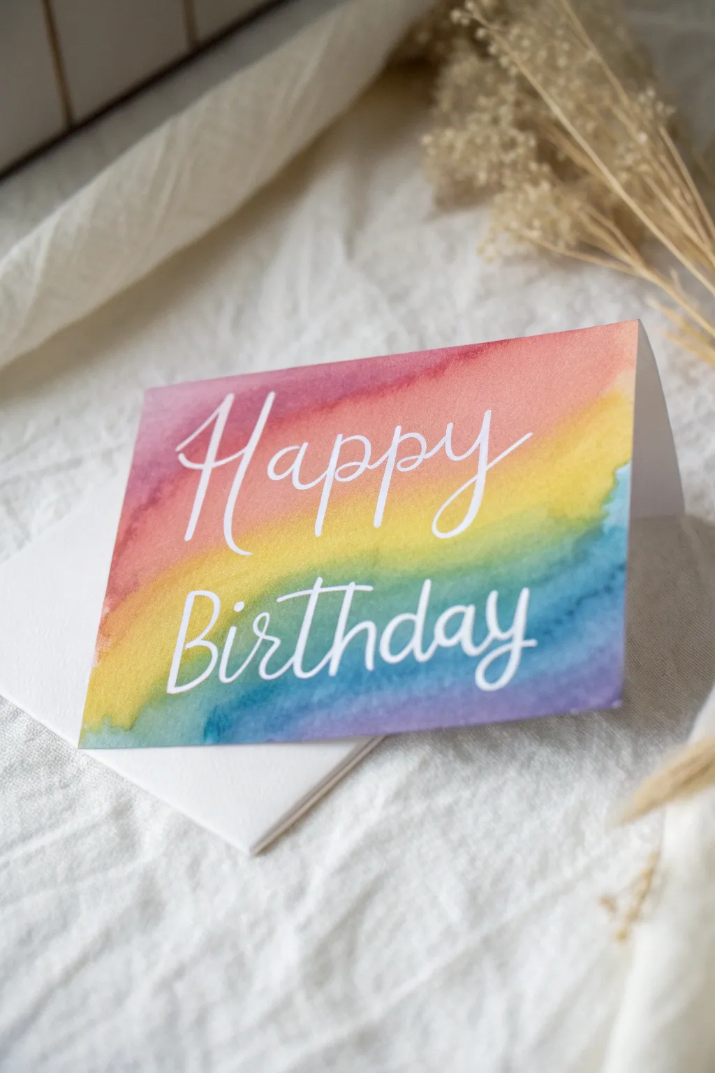 Celebrate with colors and craftsmanship: A minimalist hand-lettered birthday card with a rainbow watercolor charm.