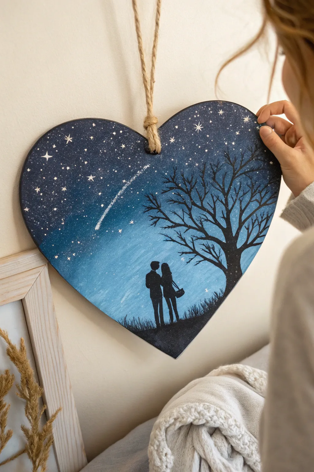 Embrace tranquility and mystery with this romantic silhouette night sky painting on a heart-shaped canvas. Perfect for minimalist and Boho lovers.