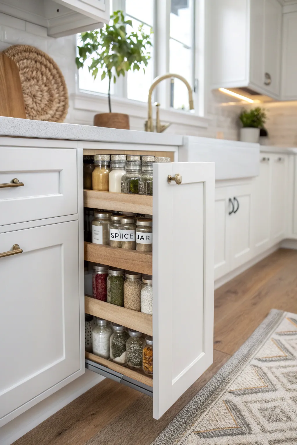 Discover the elegance of organization with a pull-out spice rack that blends Scandinavian simplicity with a boho flair.