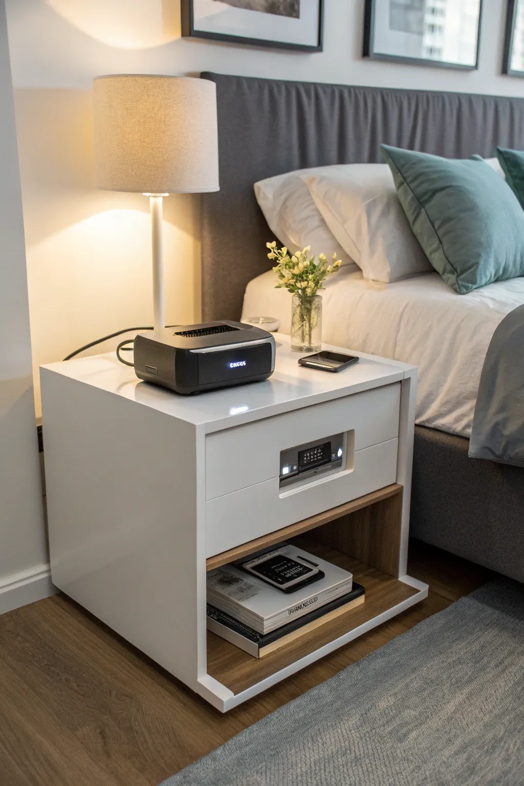 A modern nightstand with a hidden compartment for a CPAP machine.