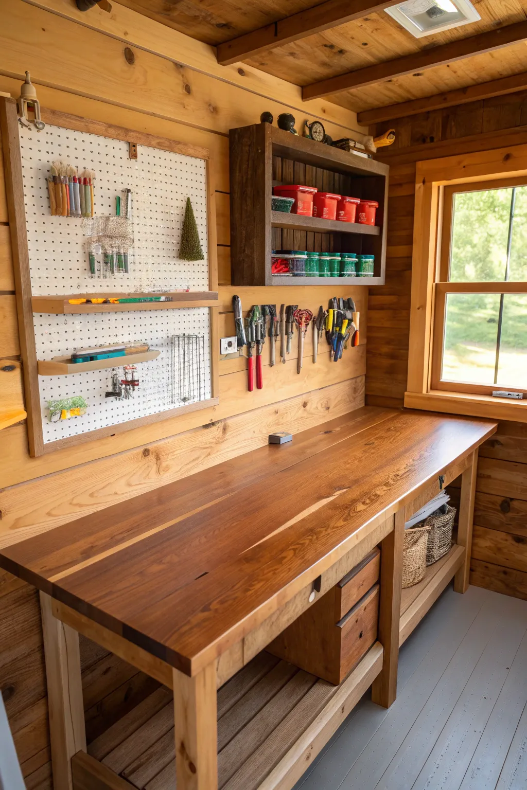 Transform your space into a crafting haven with a beautifully organized workbench and shelves. #Craftsmanship #HobbyShed