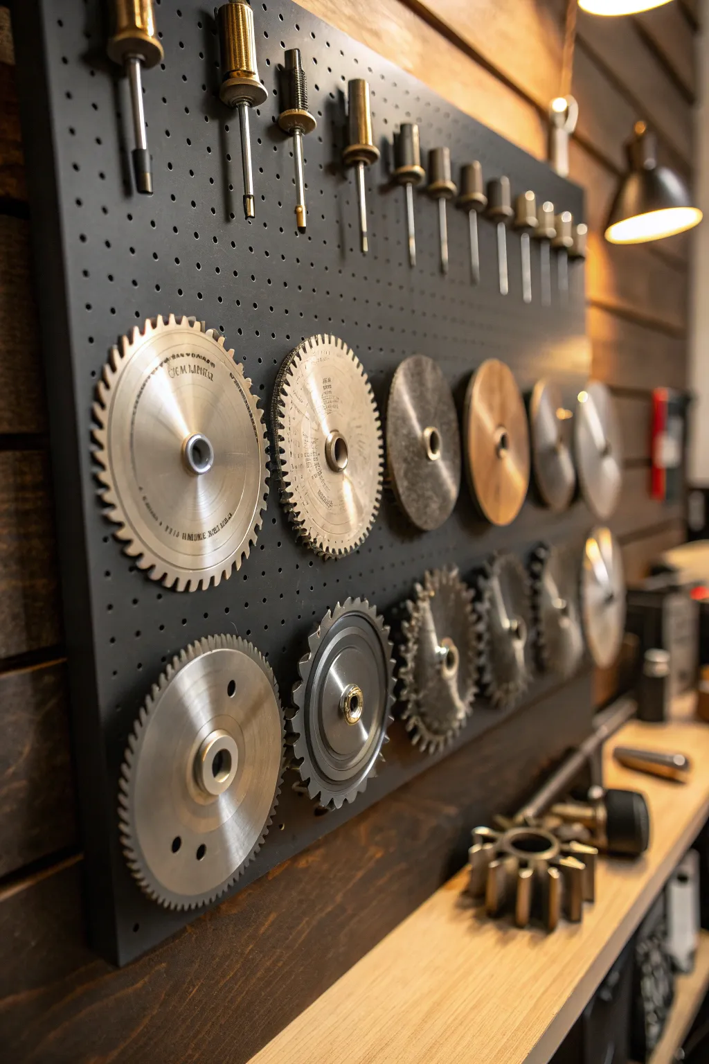 Transform your workspace with a pegboard display that turns tools into art.
