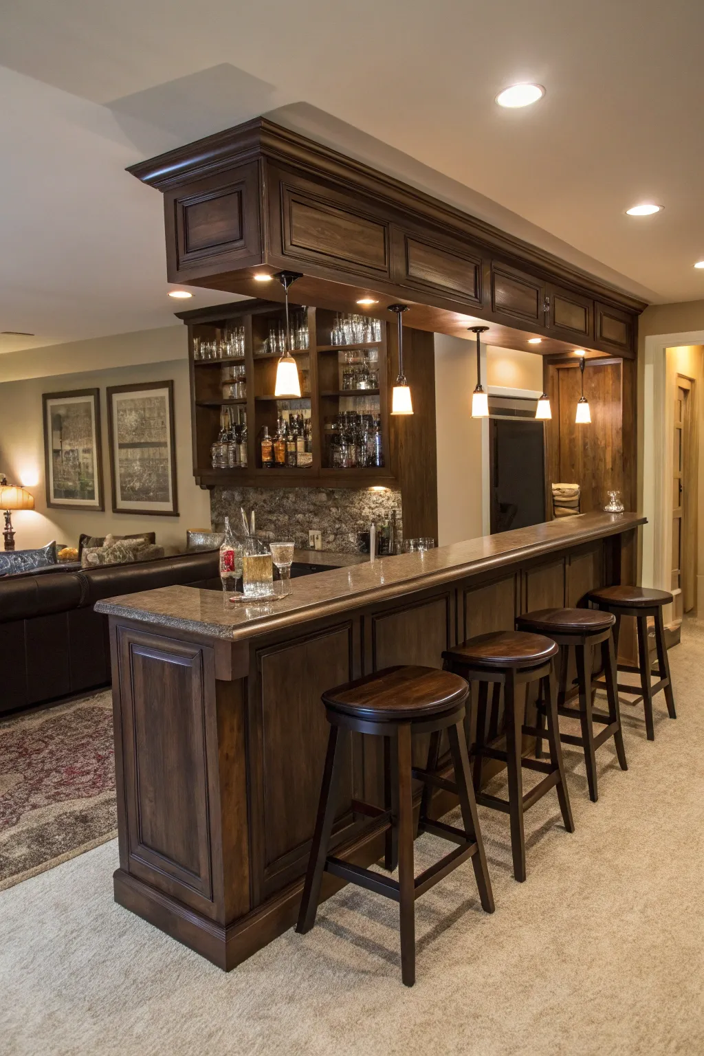 Dark wooden finishes create a classic and inviting home pub atmosphere.
