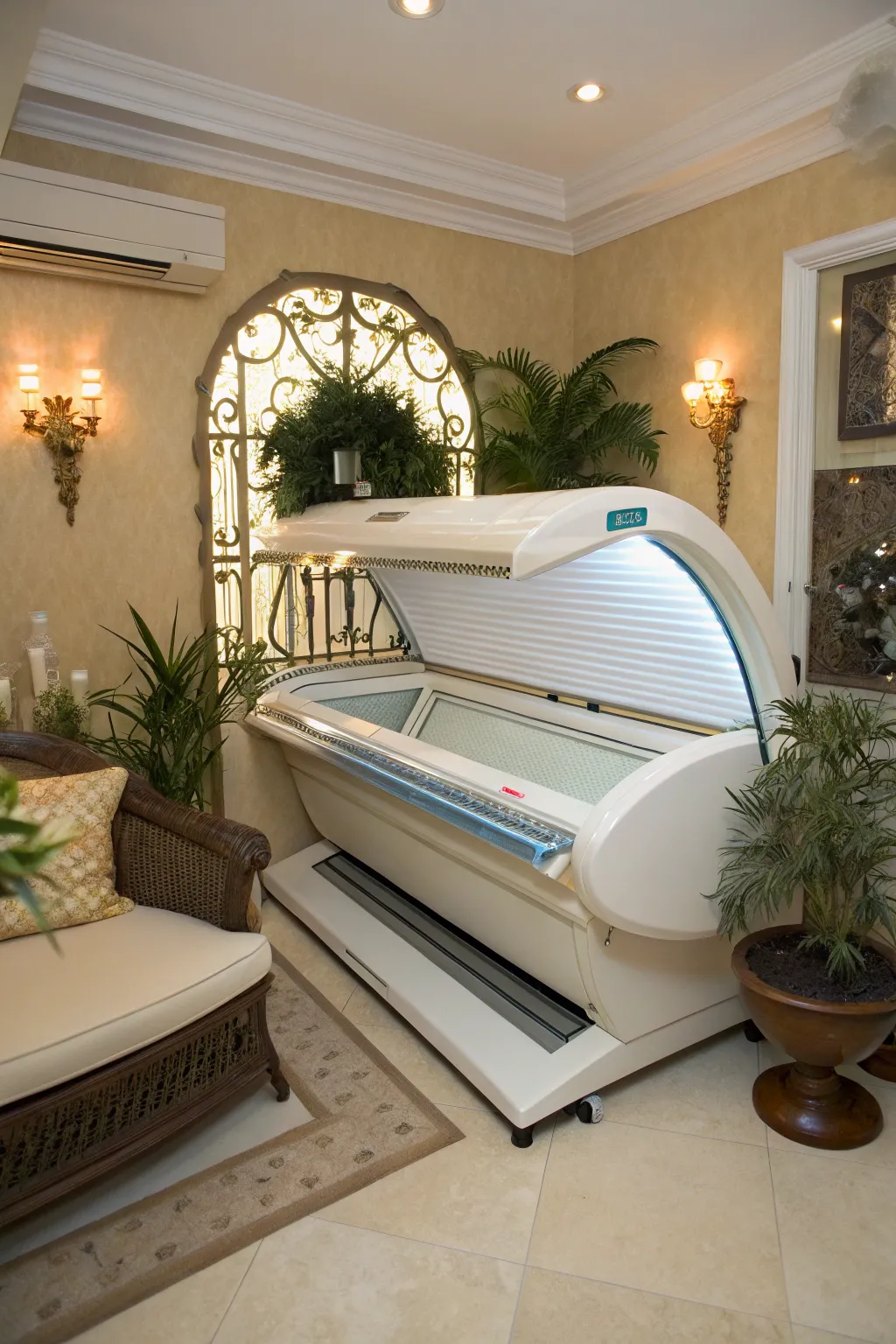 A compact tanning bed nestled in a stylish corner.