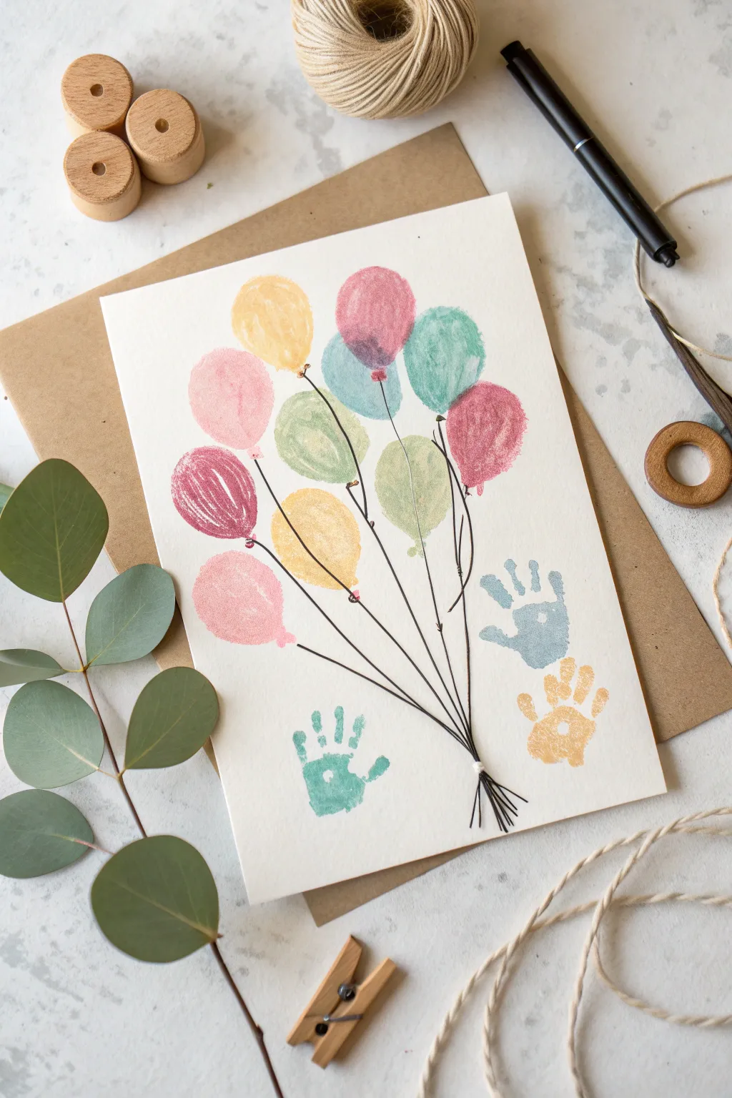 Celebrate with joy and creativity: Handprint balloons for a heartfelt birthday card.