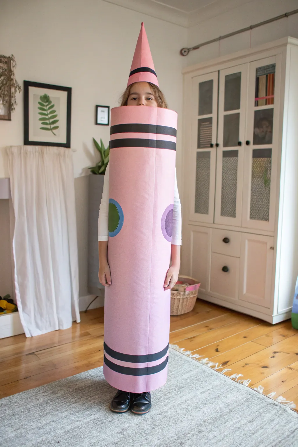 Craftsmanship meets creativity: Transform a simple cardboard tube into a charming crayon costume with minimalist elegance.