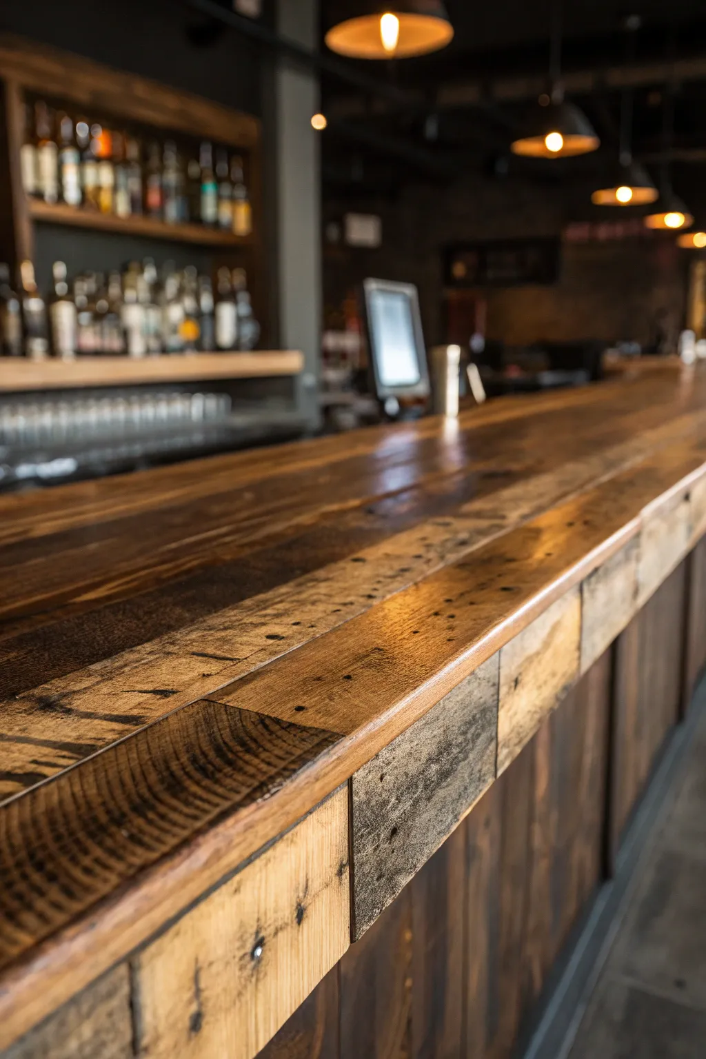Transform your space with the unmatched charm of a rustic reclaimed wood bar top.
