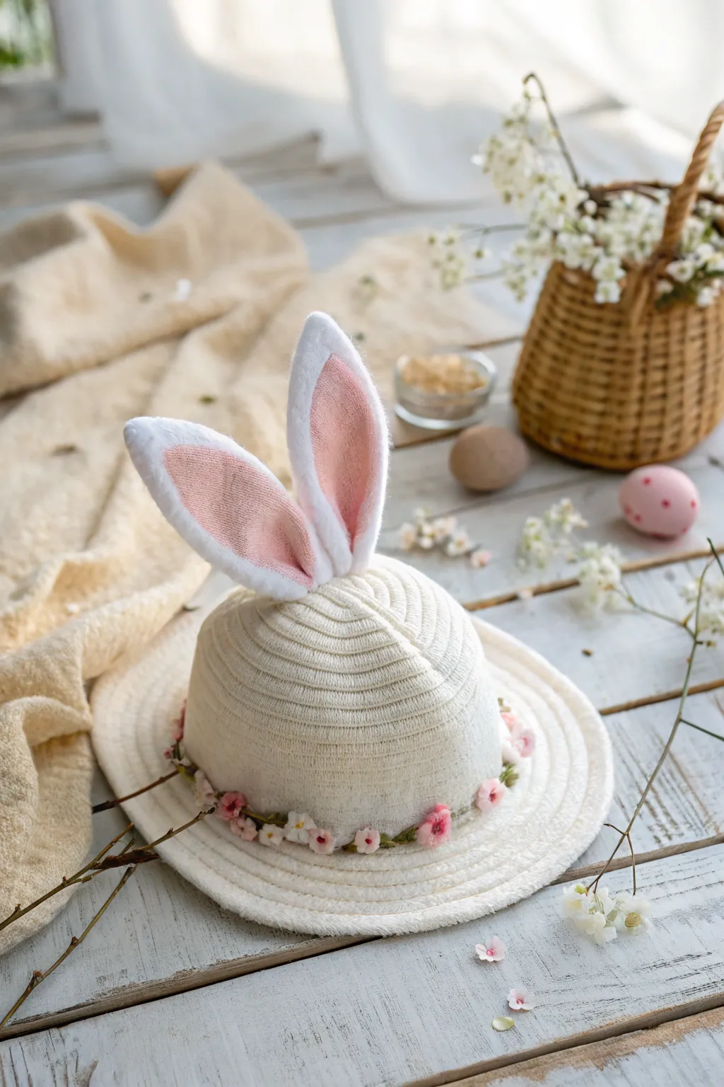 Embrace Easter charm with a handmade bunny ears bonnet, blending Scandinavian simplicity with boho flair.