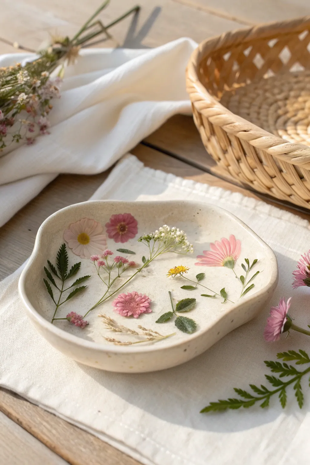 Capture nature's elegance with a homemade pressed flower clay dish 🌿✨ #MothersDayCrafts #ScandiBoho