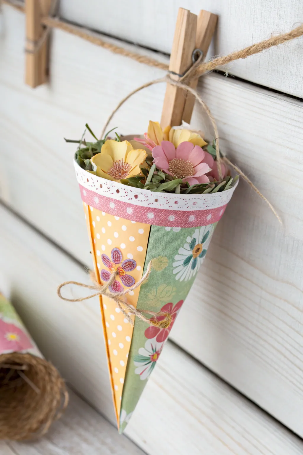 Embrace the spirit of spring with this vibrant, handmade paper cone basket – where simplicity meets natural beauty.