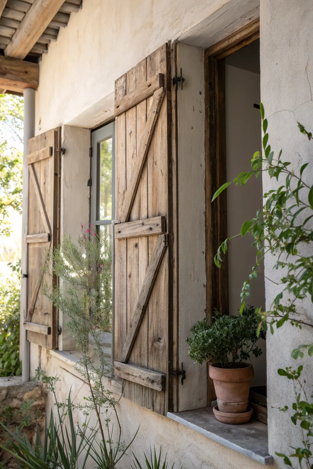 Transform your space with the timeless charm of rustic wooden shutters.