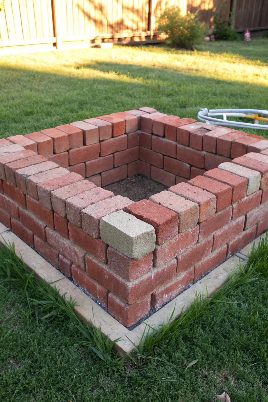 Embrace the warmth of a classic square brick fire pit, where symmetry meets craftsmanship.
