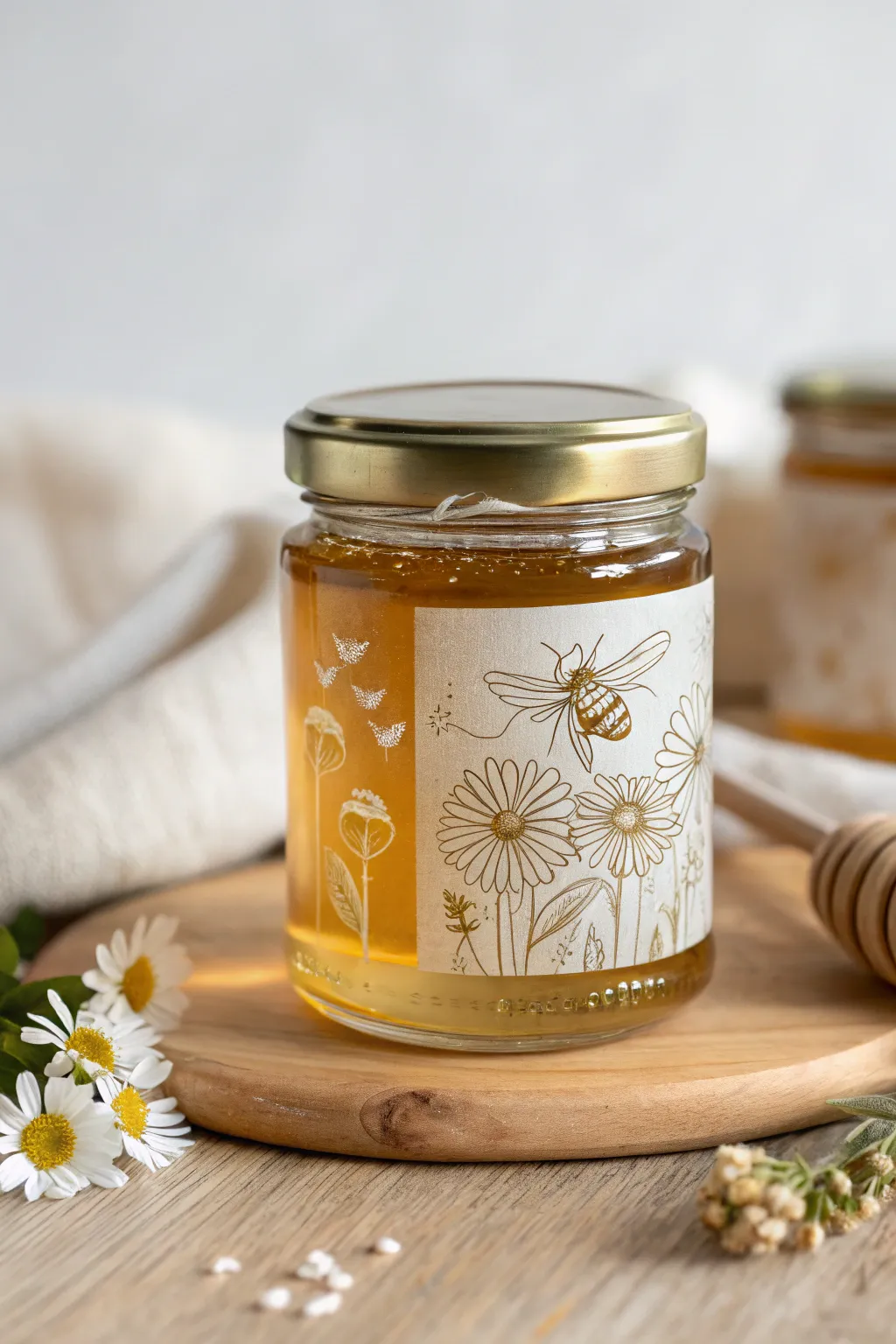 Nature-Inspired Elegance: Elevate your honey jar with charming bee and daisy motifs for a touch of bohemian grace.