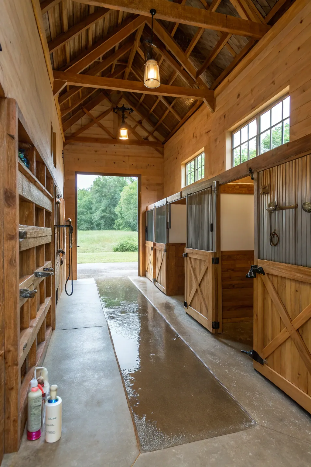 Experience the art of horse care in a spacious, craftsman-style wash stall.