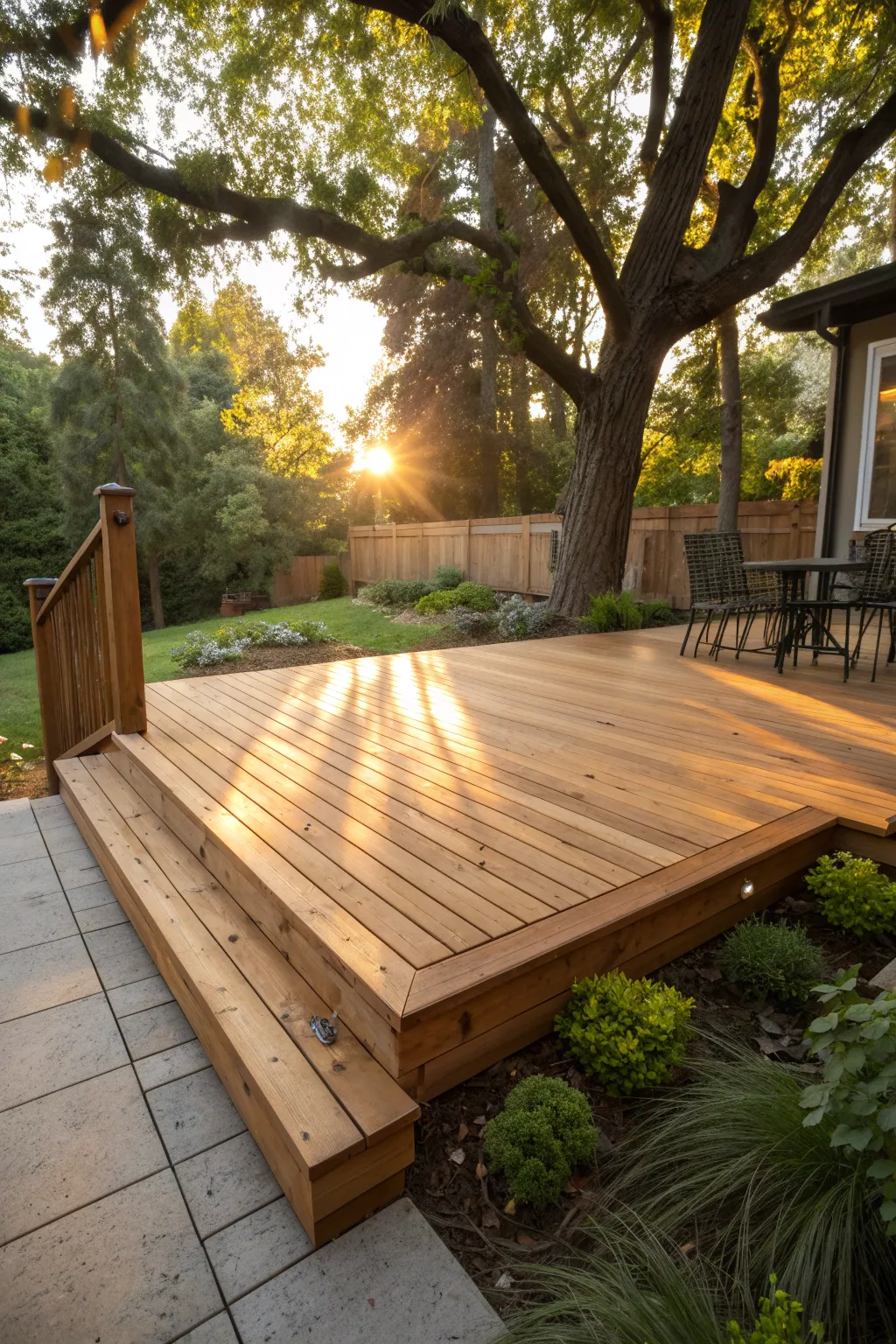 Elevate your backyard with a stunning platform deck, where craftsmanship meets simplicity.