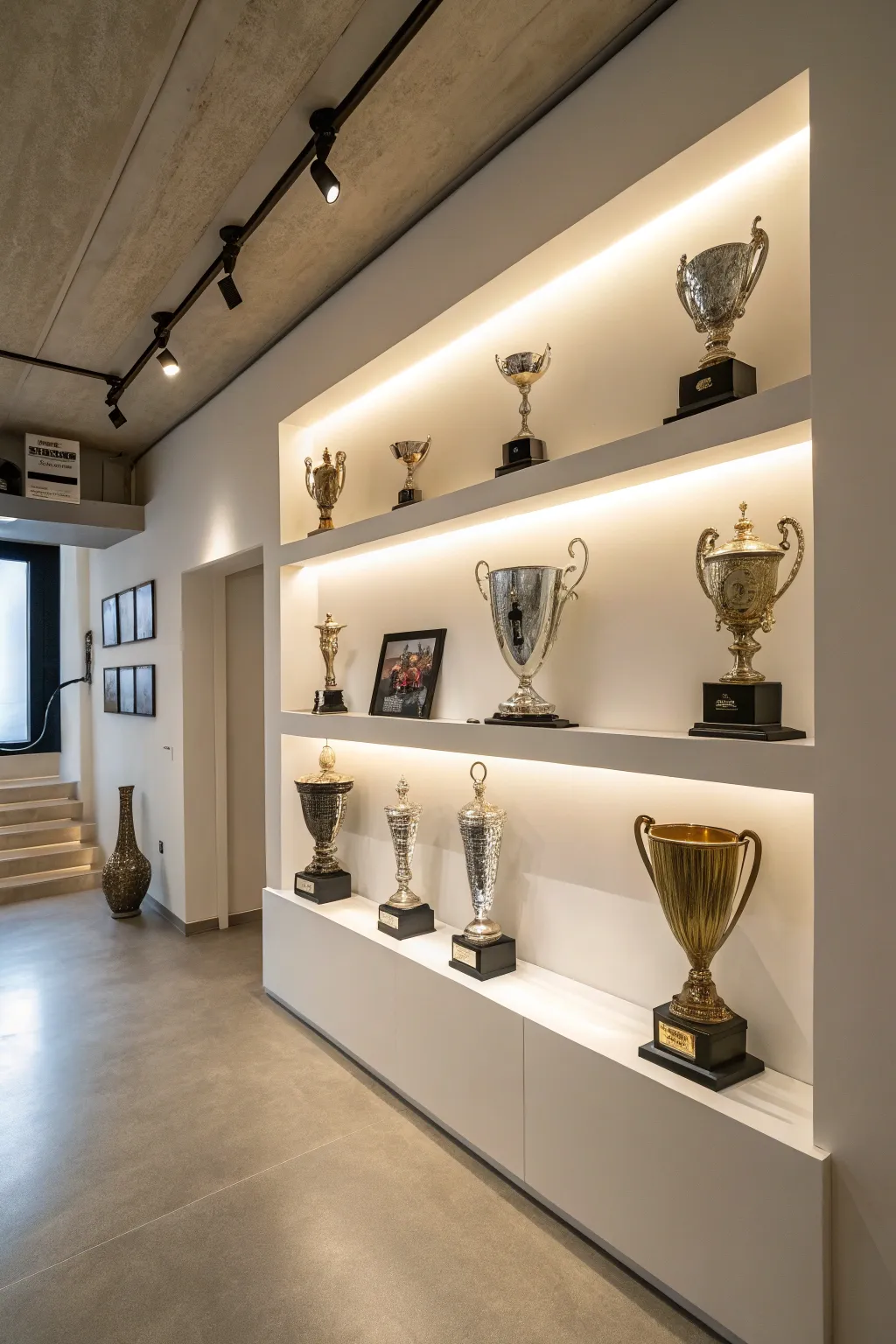 Floating shelves elegantly displaying trophies with stylish lighting.