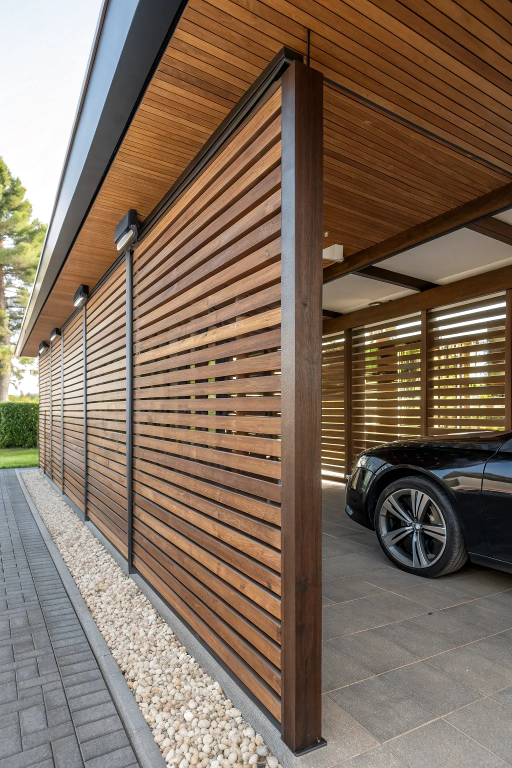 Elevate your carport with sleek wood slat walls for a perfect blend of privacy and style.