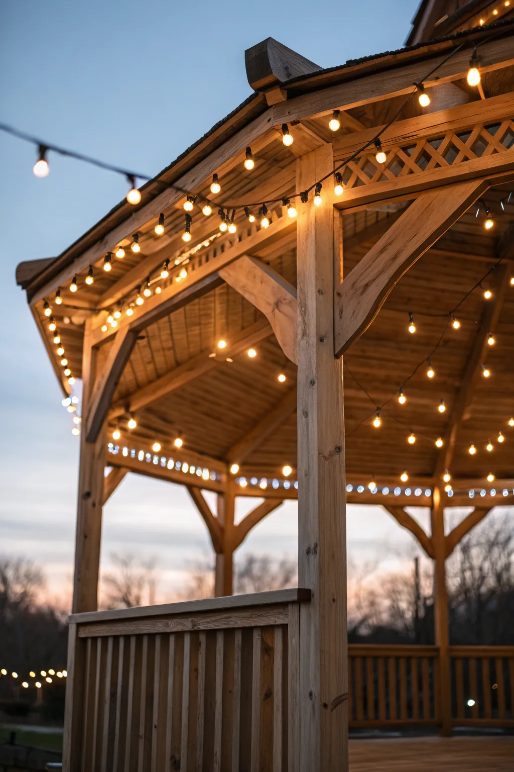 Illuminate your gazebo with zig-zag string lights for a touch of rustic elegance.